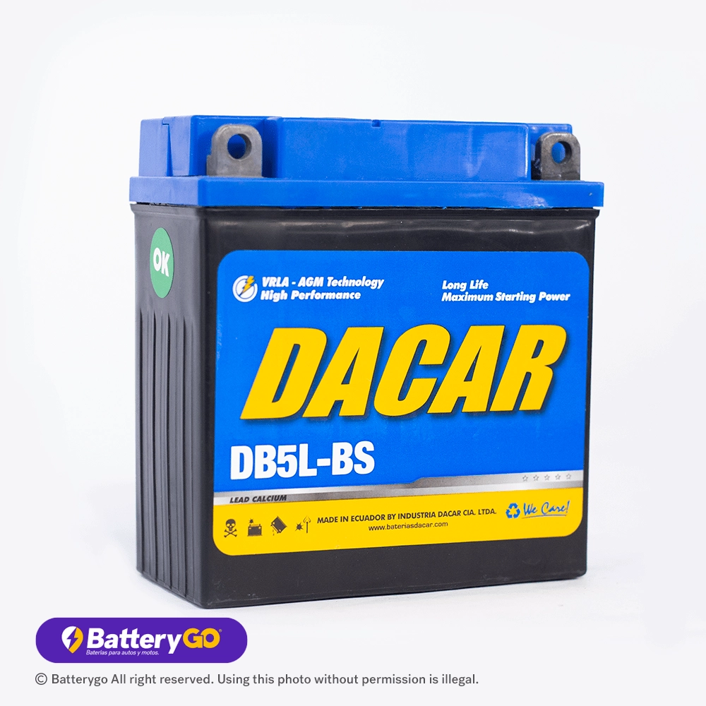 Batería Dacar DB5L-BS (5Ah) para motocicleta, disponible para servicio a domicilio en Guayaquil.